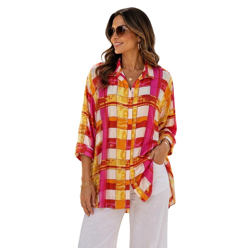 NWT Vtg 90s Piano Silk Pink Yellow Blouse Shirt Art to Wear Coastal Resort 2X